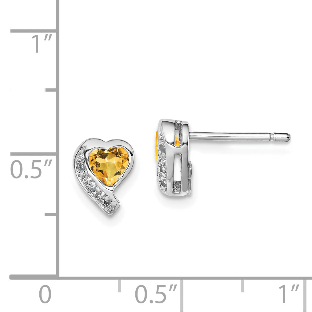 Sterling Silver Rhodium-Plated Citrine And Diamond Heart Earrings