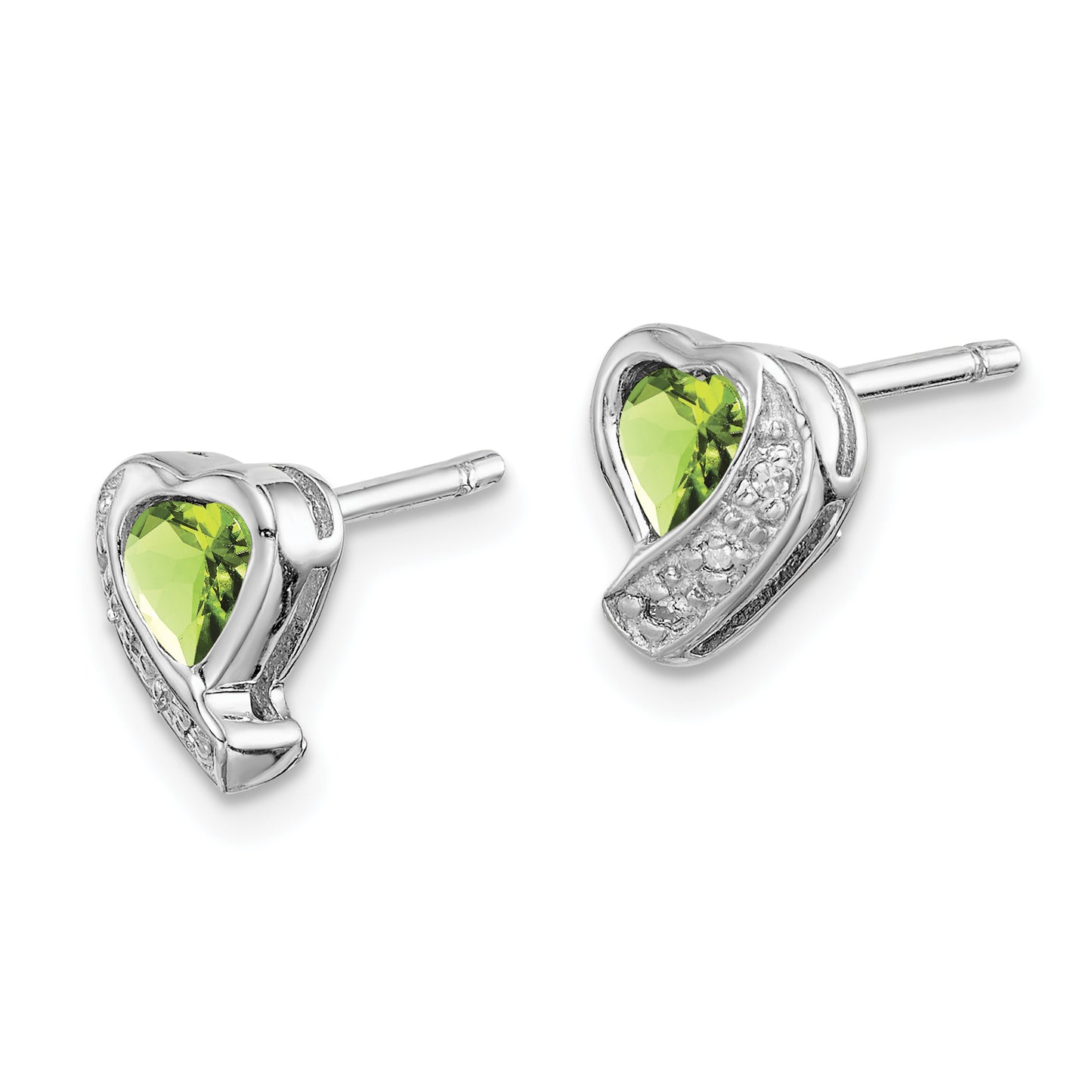 Sterling Silver Rhodium-Plated Peridot And Diamond Heart Earrings