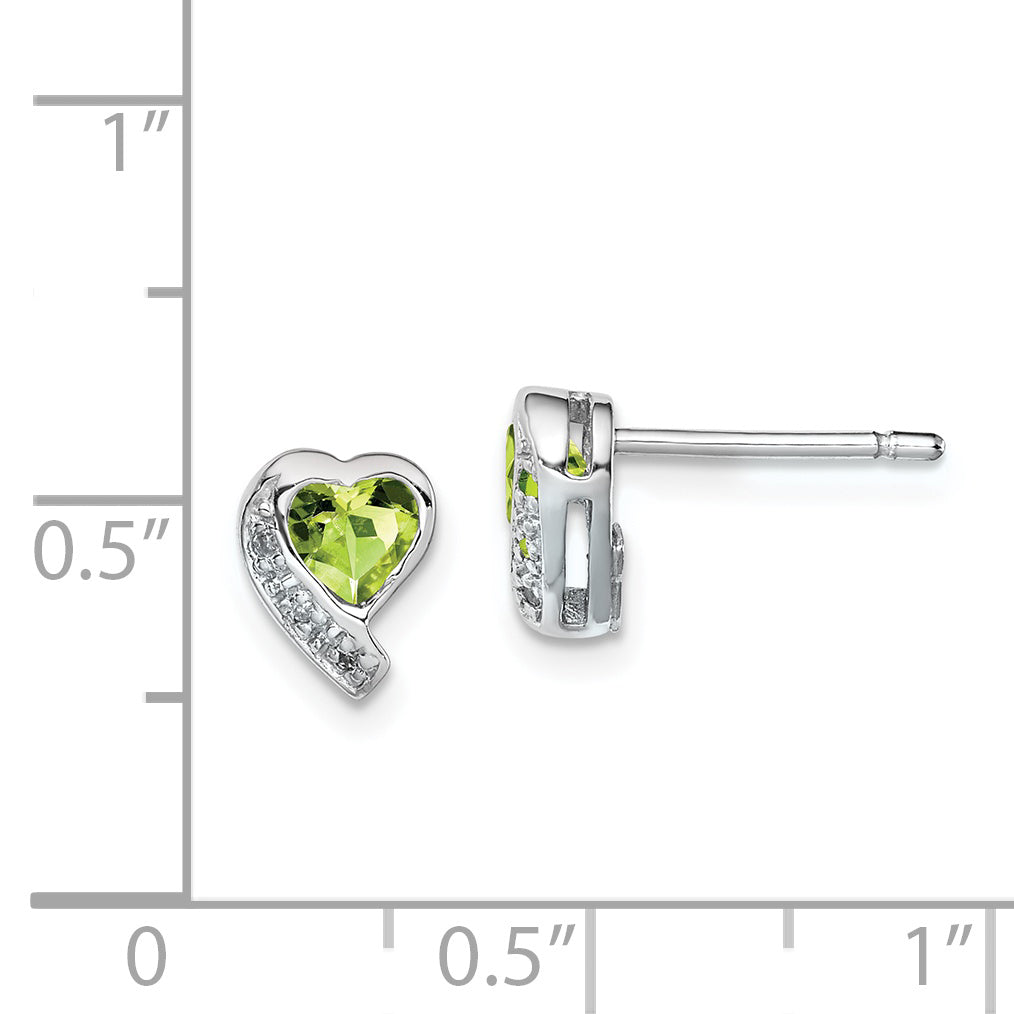 Sterling Silver Rhodium-Plated Peridot And Diamond Heart Earrings