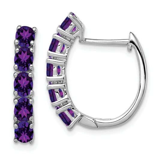 Sterling Silver Rhodium-Plated Polished Amethyst Hinged Hoop Earrings