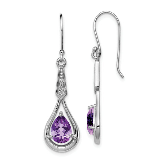 Sterling Silver Rhodium-Plated Cz And Amethyst Dangle Earrings