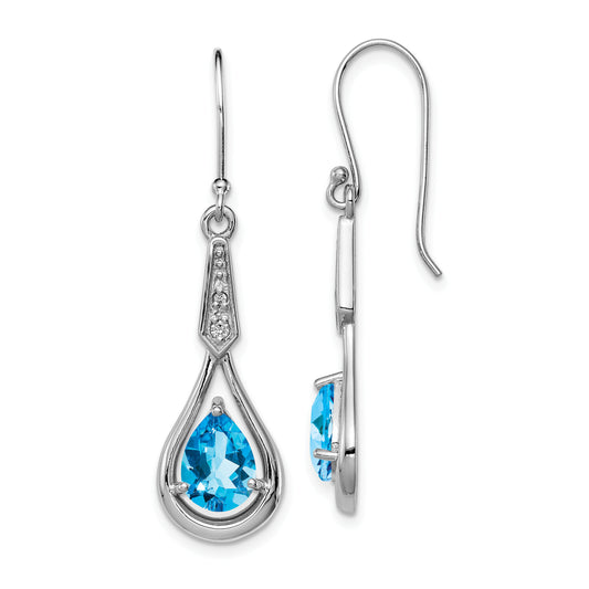 Sterling Silver Rhodium-Plated Cz And Blue Topaz Dangle Earrings