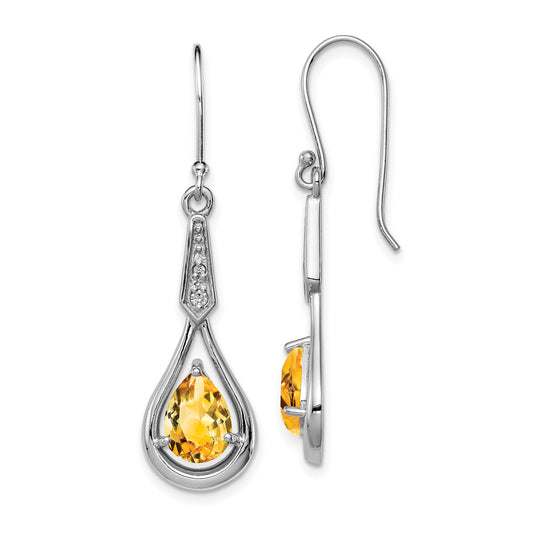 Sterling Silver Rhodium-Plated Cz And Citrine Dangle Earrings