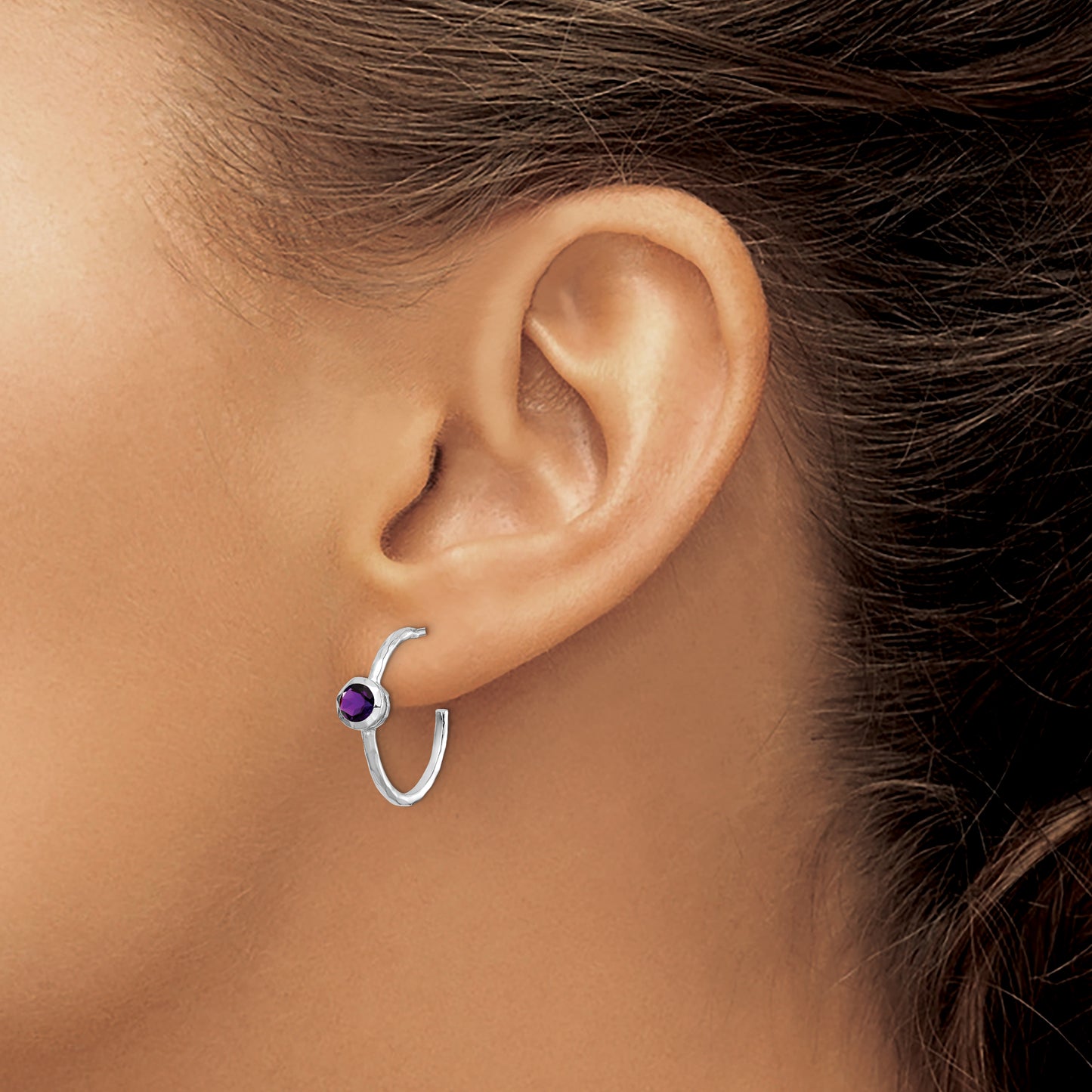 Sterling Silver Rhodium-Plated Amethyst Post Hoop Earrings