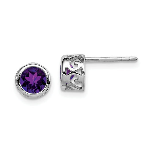 Sterling Silver Rhodium-Plated Polished Amethyst Round Post Earrings