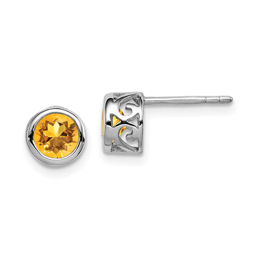 Sterling Silver Rhodium-Plated Polished Citrine Round Post Earrings