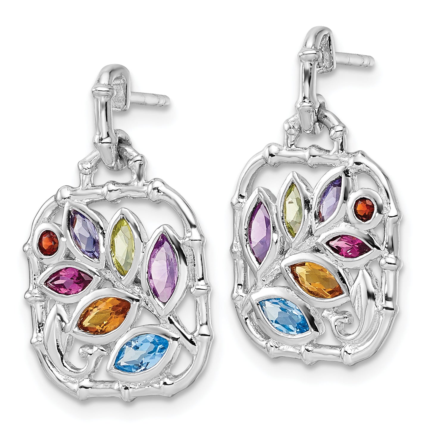 Sterling Silver Rhodium-Plated Multi Gemstone Post Dangle Earrings