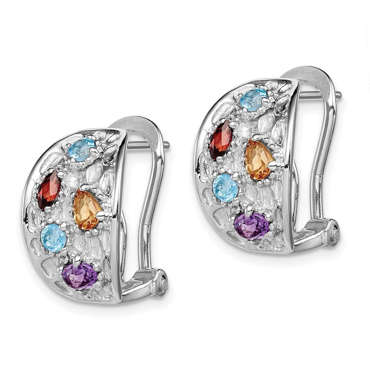 Sterling Silver Ss Rhodium-Plated Amethyst/Blue Topaz/Garnet/Citrine Omega Back Earrings