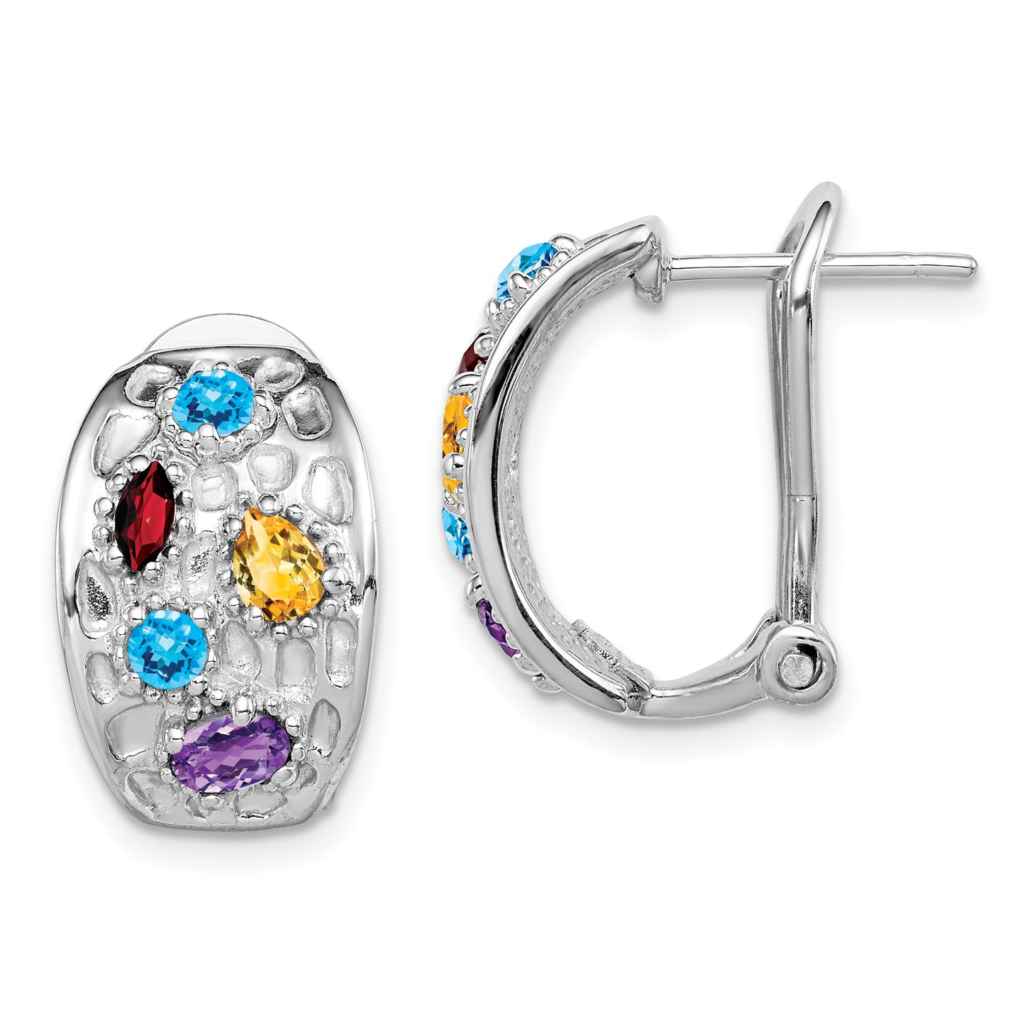 Sterling Silver Ss Rhodium-Plated Amethyst/Blue Topaz/Garnet/Citrine Omega Back Earrings