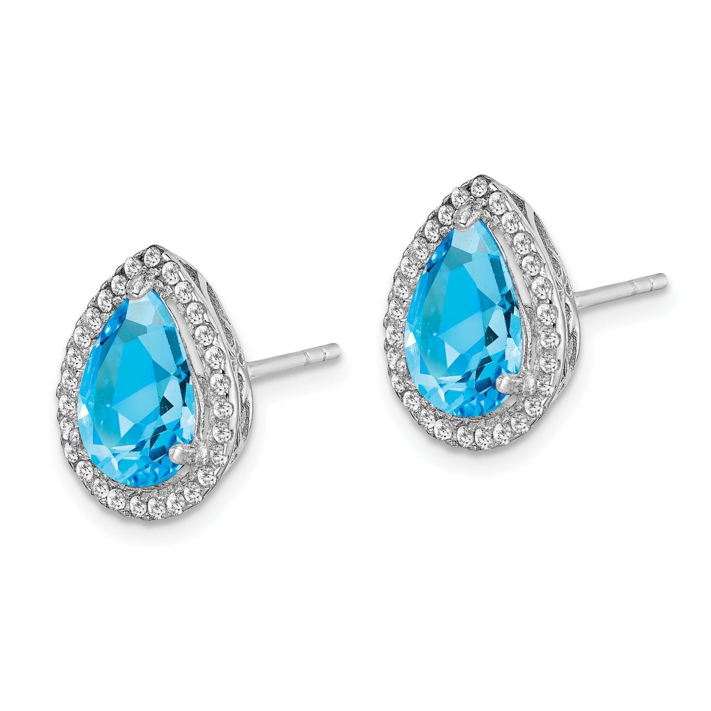 Sterling Silver Rhodium Polished Blue Topaz & Cz Post Earrings