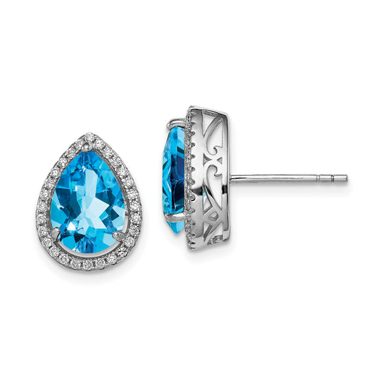 Sterling Silver Rhodium Polished Blue Topaz & Cz Post Earrings