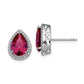 Sterling Silver Rhodium Polished Clear Cz And Lab Created Ruby Pear Post Earrings