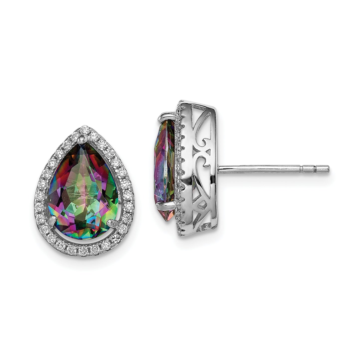 Sterling Silver Rhodium Polished Mystic Topaz & Cz Post Earrings