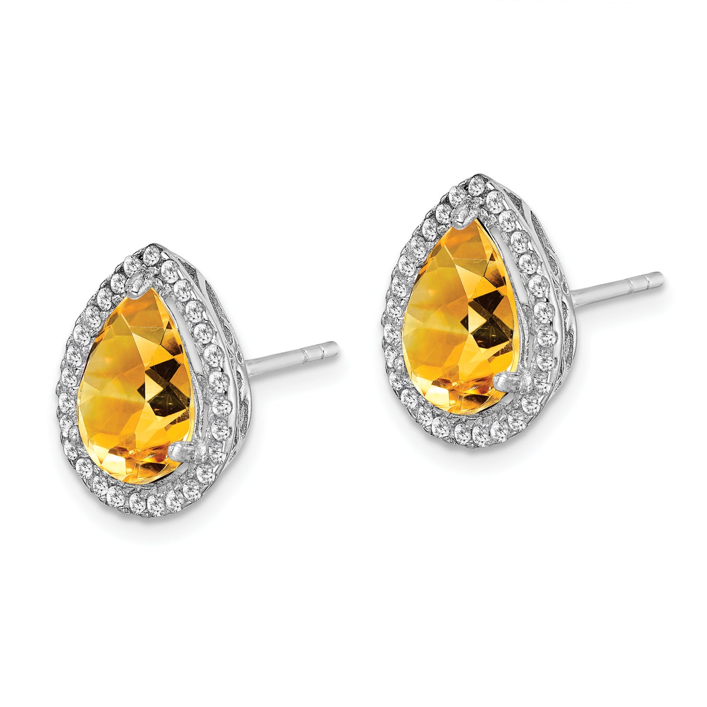 Sterling Silver Rhodium Polished Citrine & Cz Post Earrings