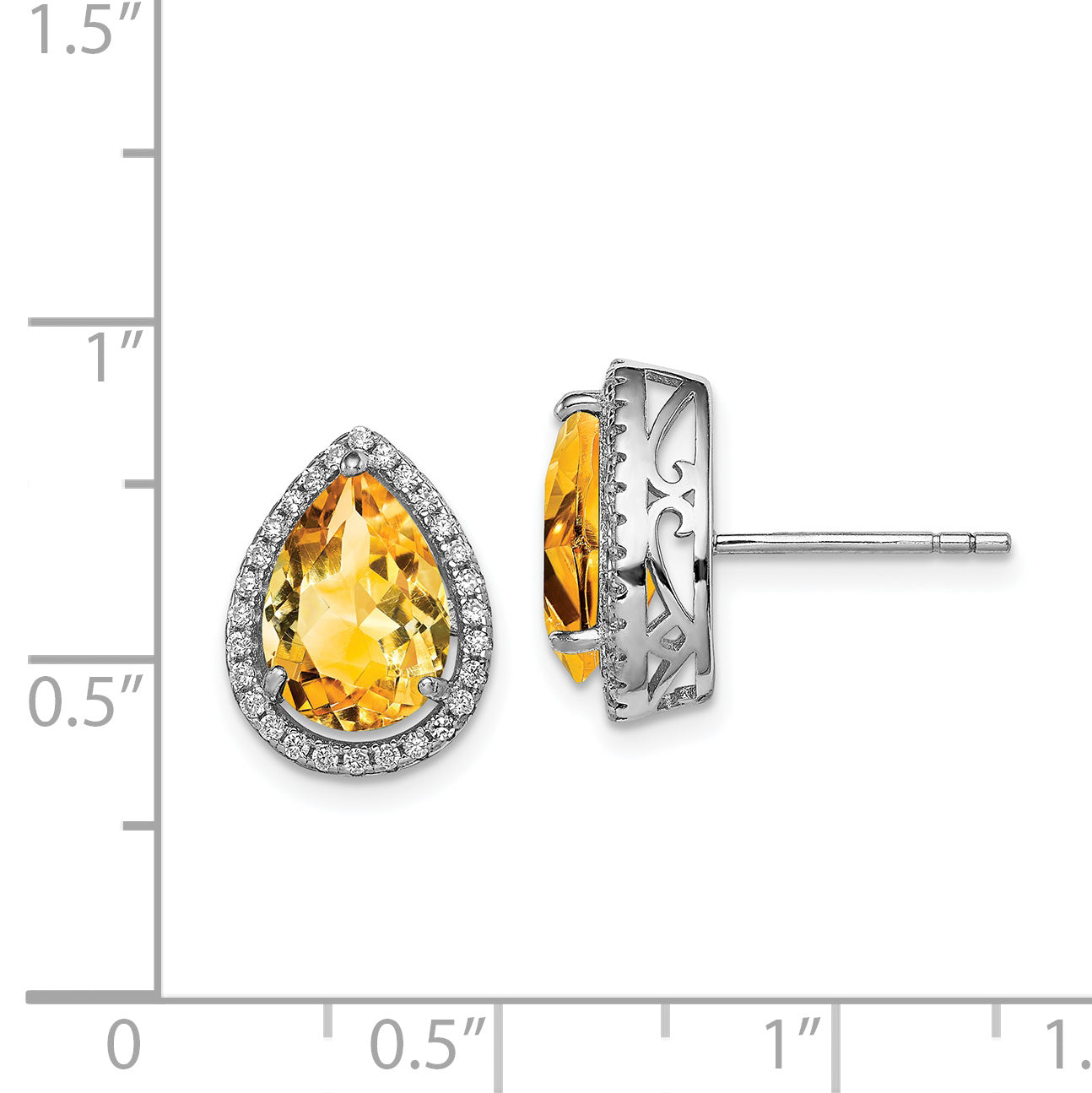 Sterling Silver Rhodium Polished Citrine & Cz Post Earrings