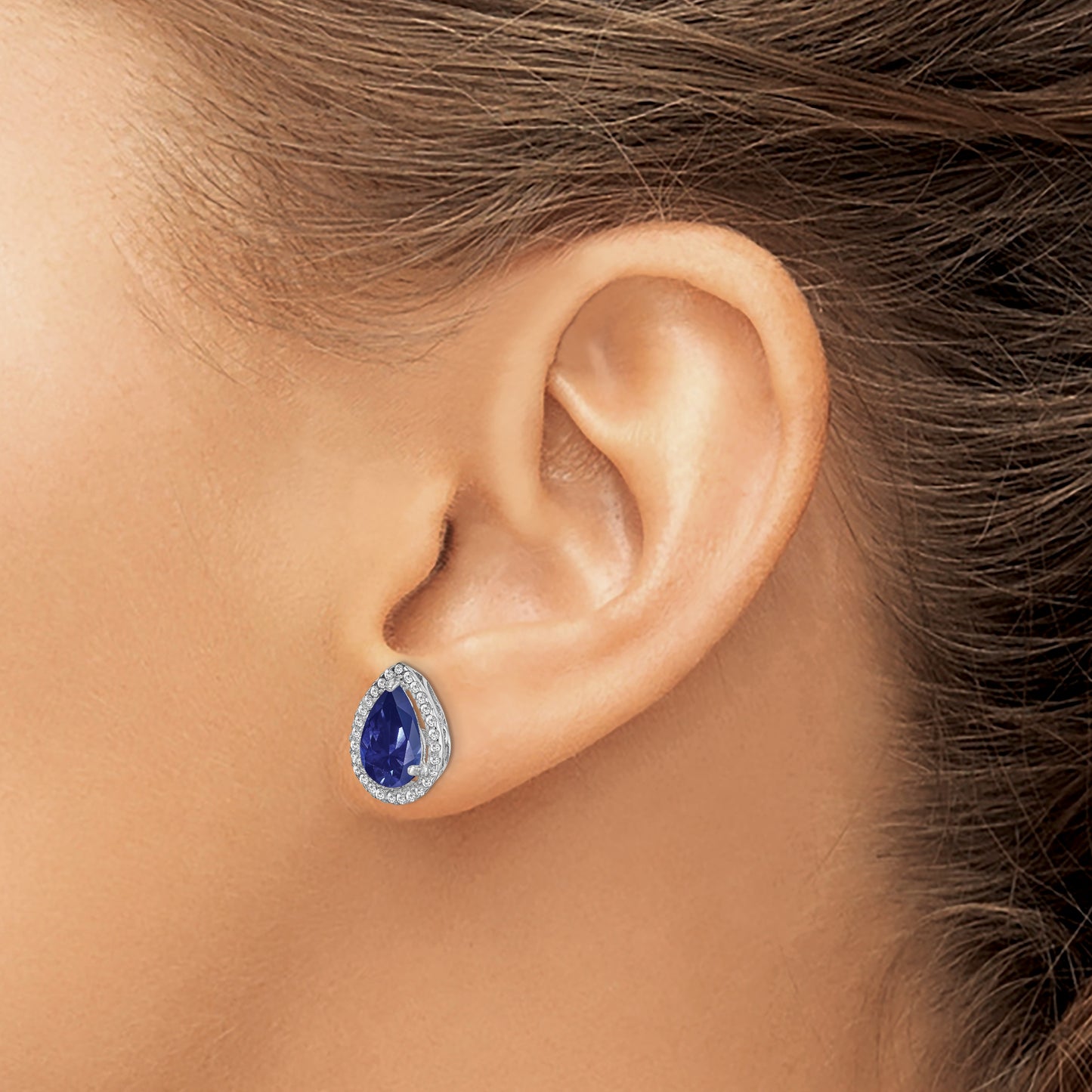 Sterling Silver Rhodium Created Sapphire & Cz Post Earrings