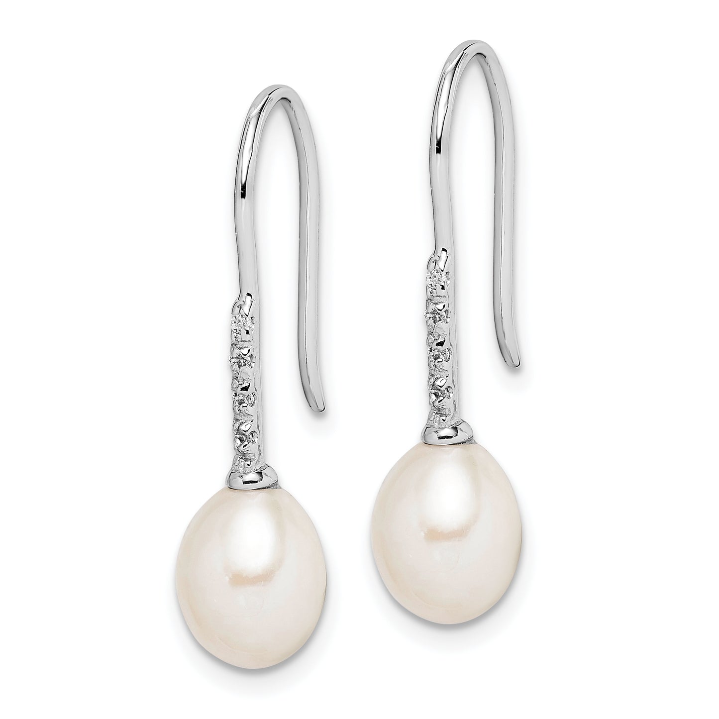 Sterling Silver Rhodium-Plated Polished White 7-8mm Freshwater Cultured Pearl And Cz Dangle Earrings