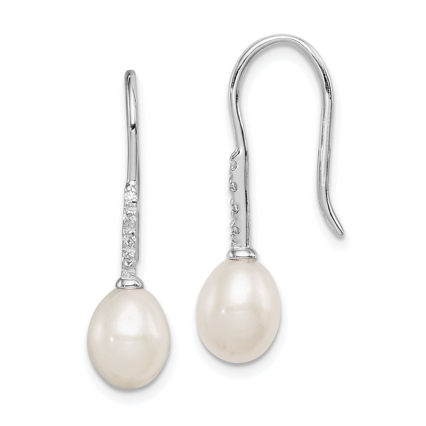 Sterling Silver Rhodium-Plated Polished White 7-8mm Freshwater Cultured Pearl And Cz Dangle Earrings