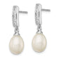 Sterling Silver Rhodium Plated Clear Cz And 8-9mm White Freshwater Cultured Pearl Dangle Post Earrings