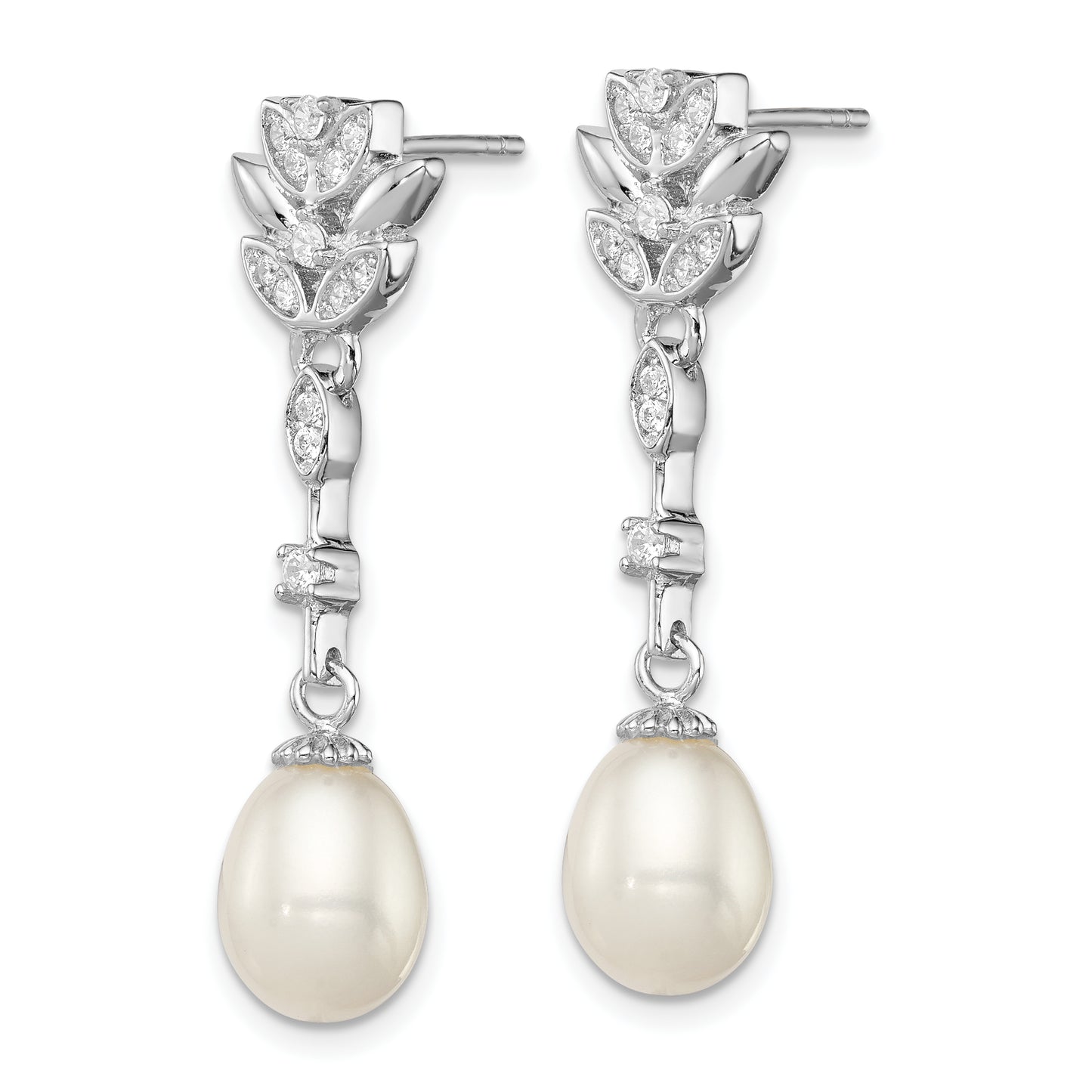 Sterling Silver Rhodium Plated Clear Cz And 8-9mm White Freshwater Cultured Pearl Dangle Post Earrings