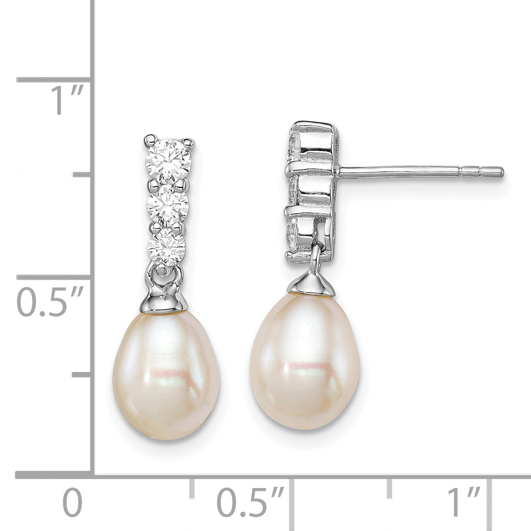 Sterling Silver Rhodium Plated Clear Cz And 7-8mm White Freashwater Cultured Pearl Dangle Post Earrings