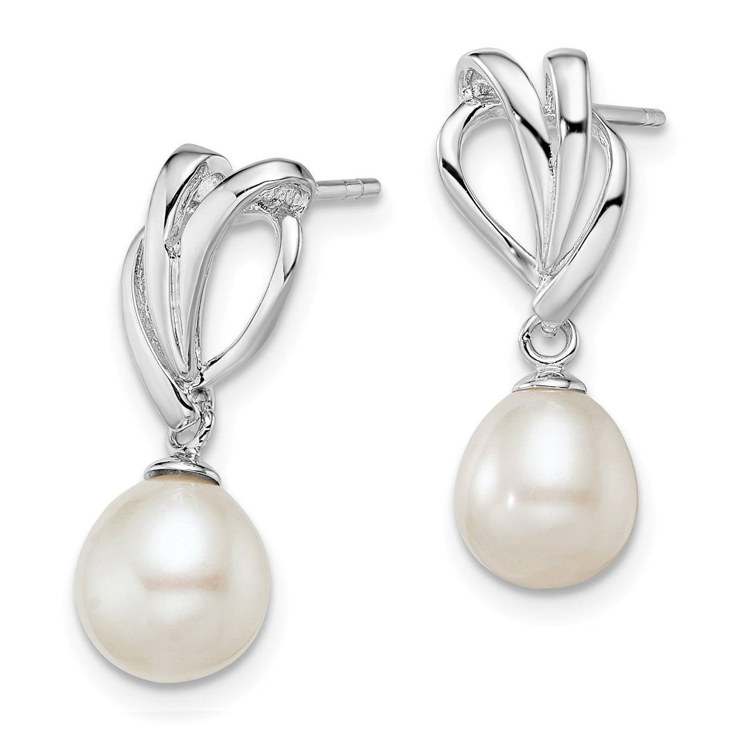 Sterling Silver Rhodium Plated Clear Cz And 7-8mm White Freshwater Cultured Pearl Dangle Post Earrings