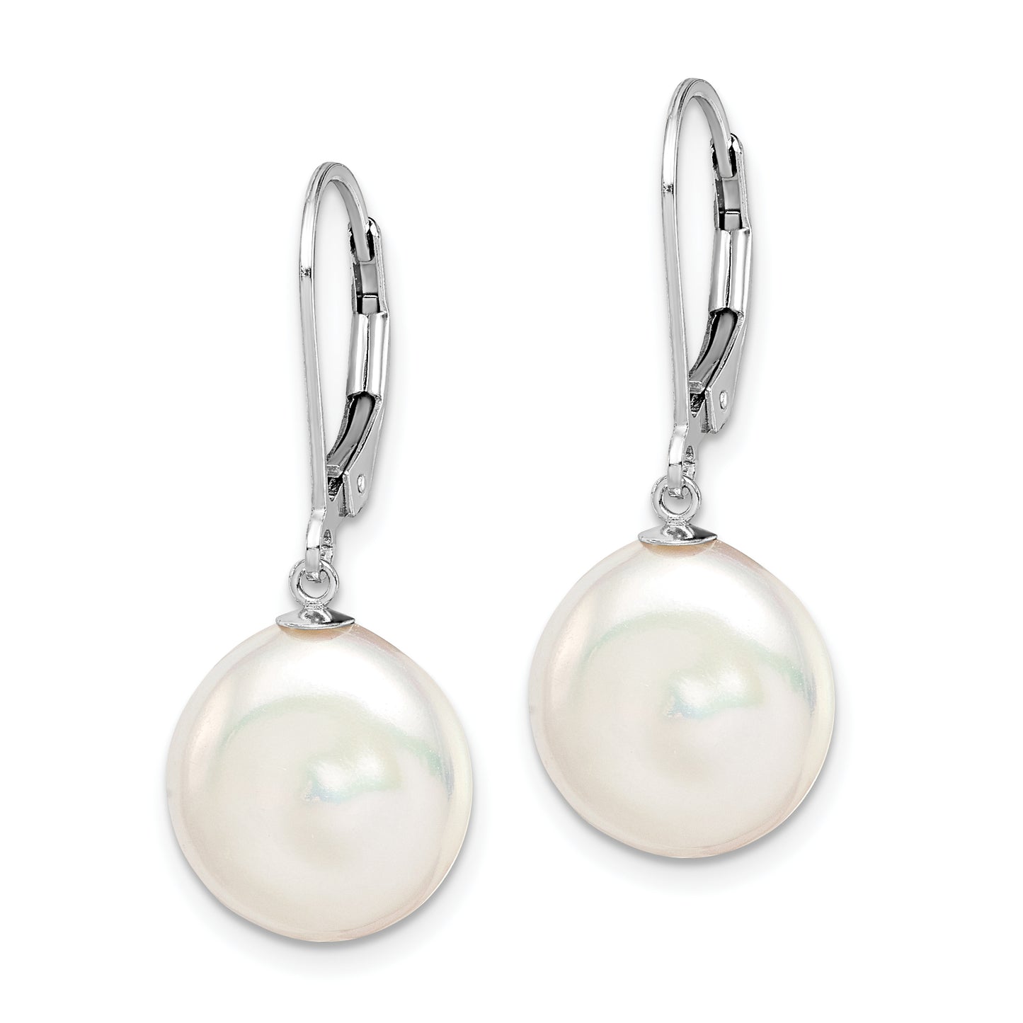 Sterling Silver Rhodium-Plated Polished White 12-13mm Coin Freshwater Cultured Pearl Leverback Dangle Earrings