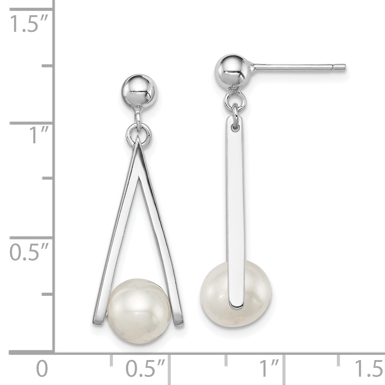 Sterling Silver Rhodium Plated 8-9mm White Freshwater Cultured Pearl Dangle Geometric Post Earrings