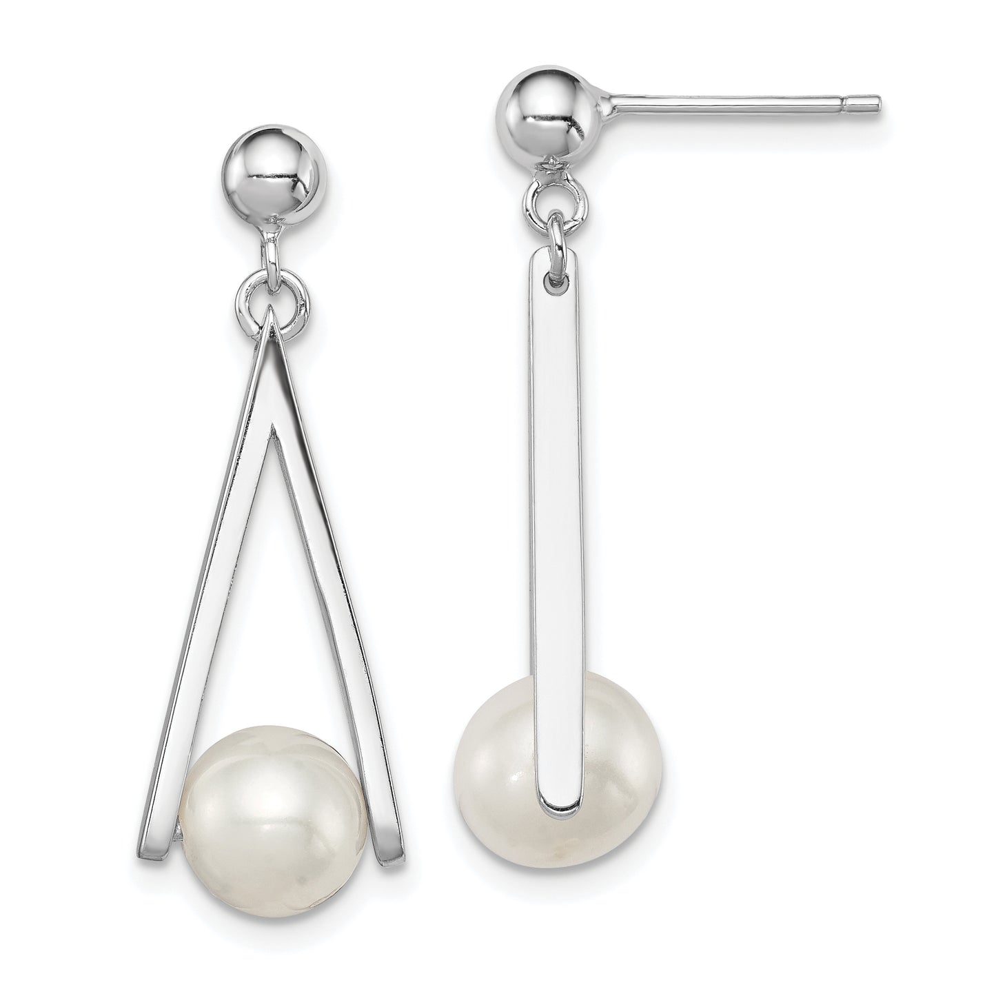 Sterling Silver Rhodium Plated 8-9mm White Freshwater Cultured Pearl Dangle Geometric Post Earrings