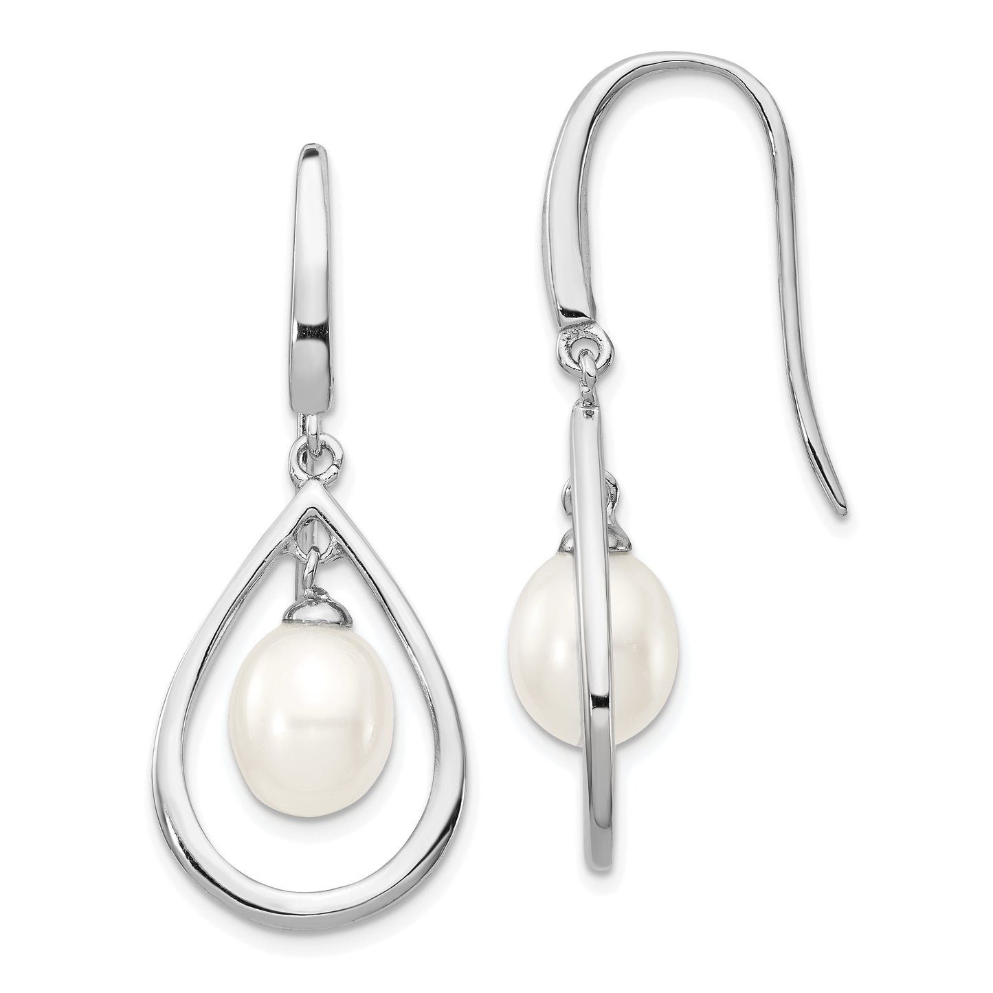 Sterling Silver Rhodium Plated 6-7mm White Freshwater Cultured Pearl Dangle Earrings