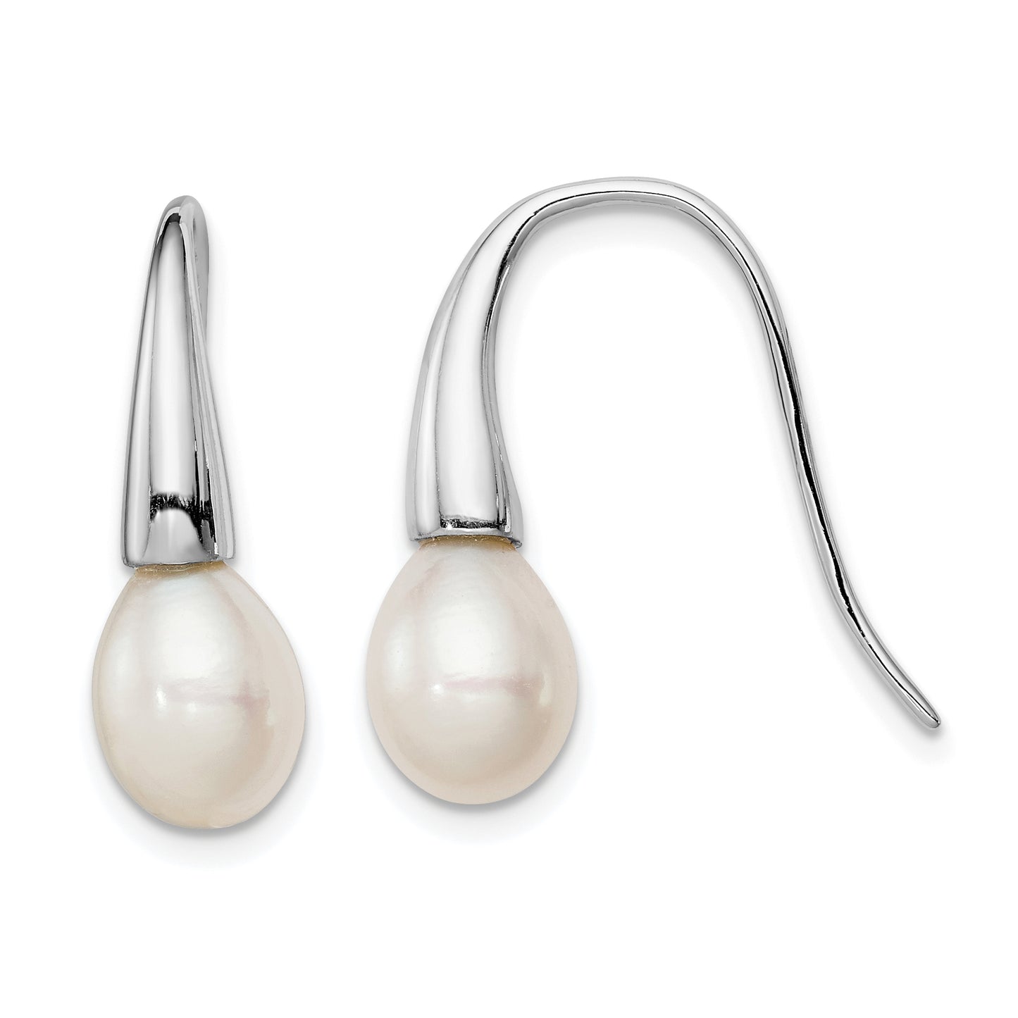 Sterling Silver Rhodium-Plated Polished White 7-8mm Freshwater Cultured Pearl Dangle Earrings