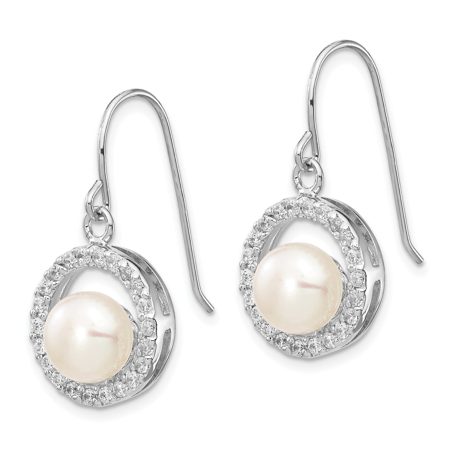 Sterling Silver Rhodium Plated Clear Cz Circle And 7-8mm White Freshwater Cultured Pearl Dangle Earrings