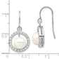 Sterling Silver Rhodium Plated Clear Cz Circle And 7-8mm White Freshwater Cultured Pearl Dangle Earrings