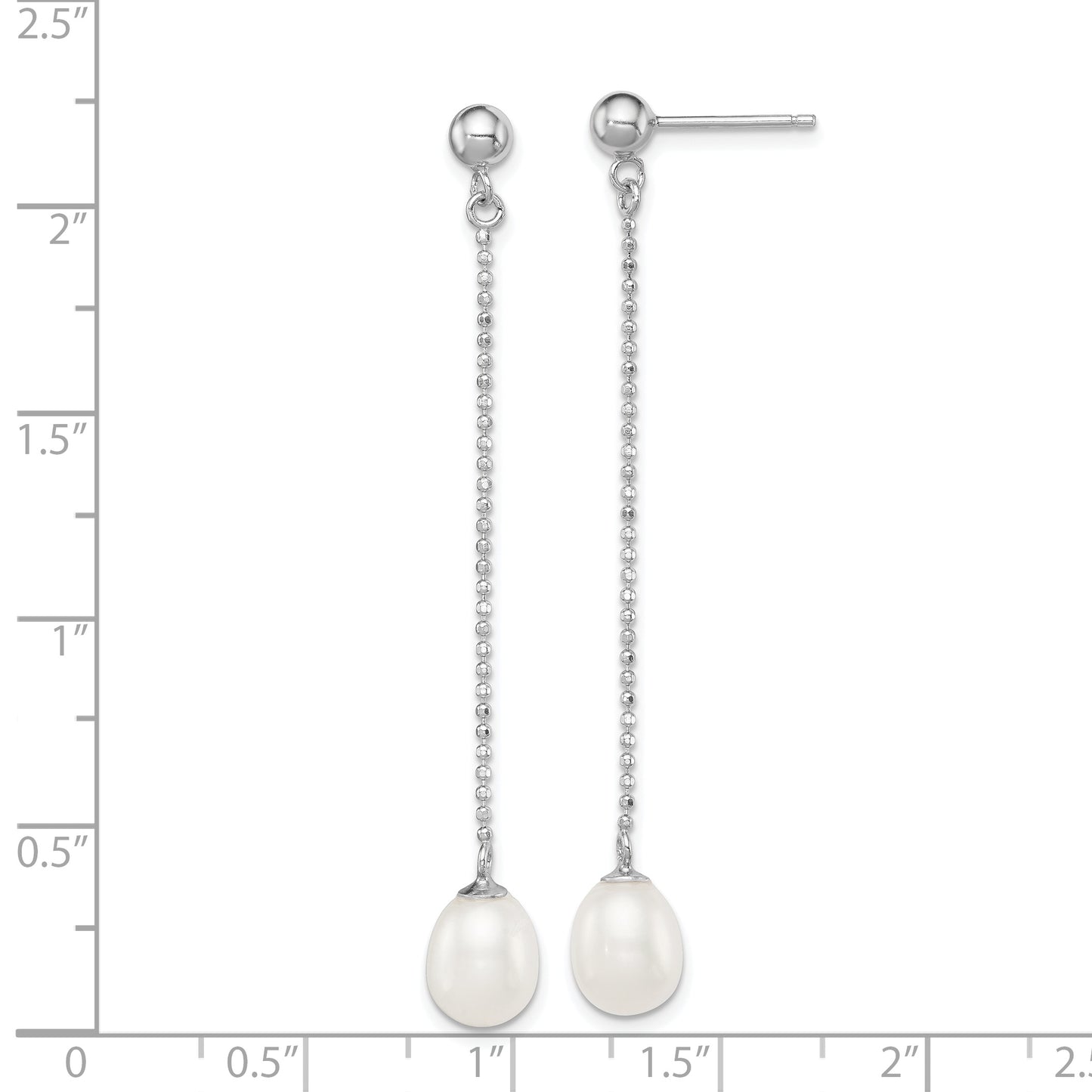 Sterling Silver Rhodium Plated 7-8mm White Freshwater Cultured Pearl Long Dangle Post Earrings