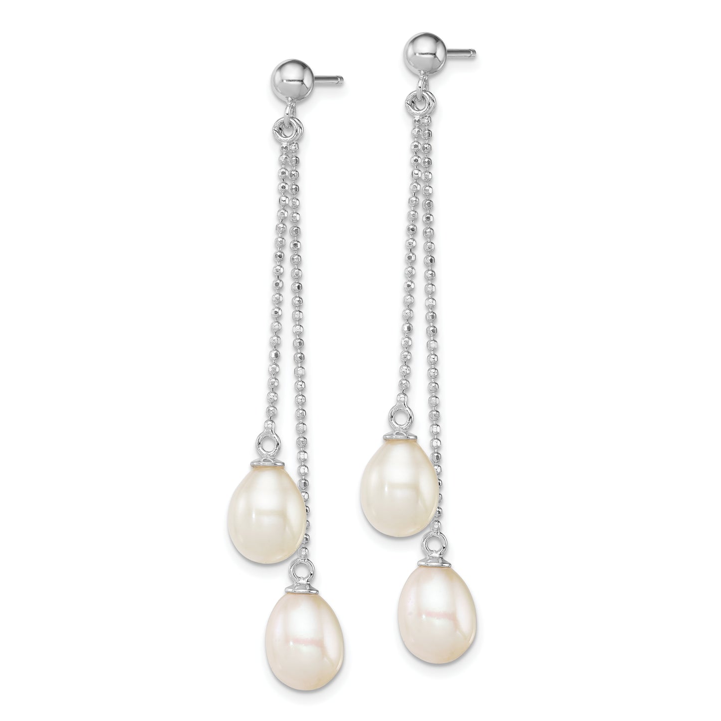 Sterling Silver Rhodium Plated 7-8mm White Freshwater Cultured Pearl Long Dangle Post Earrings