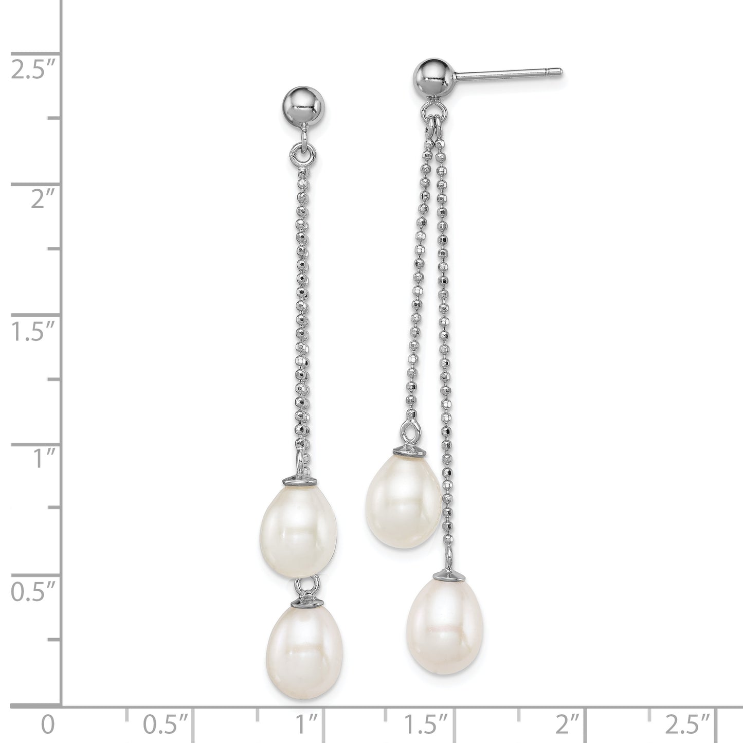 Sterling Silver Rhodium Plated 7-8mm White Freshwater Cultured Pearl Long Dangle Post Earrings