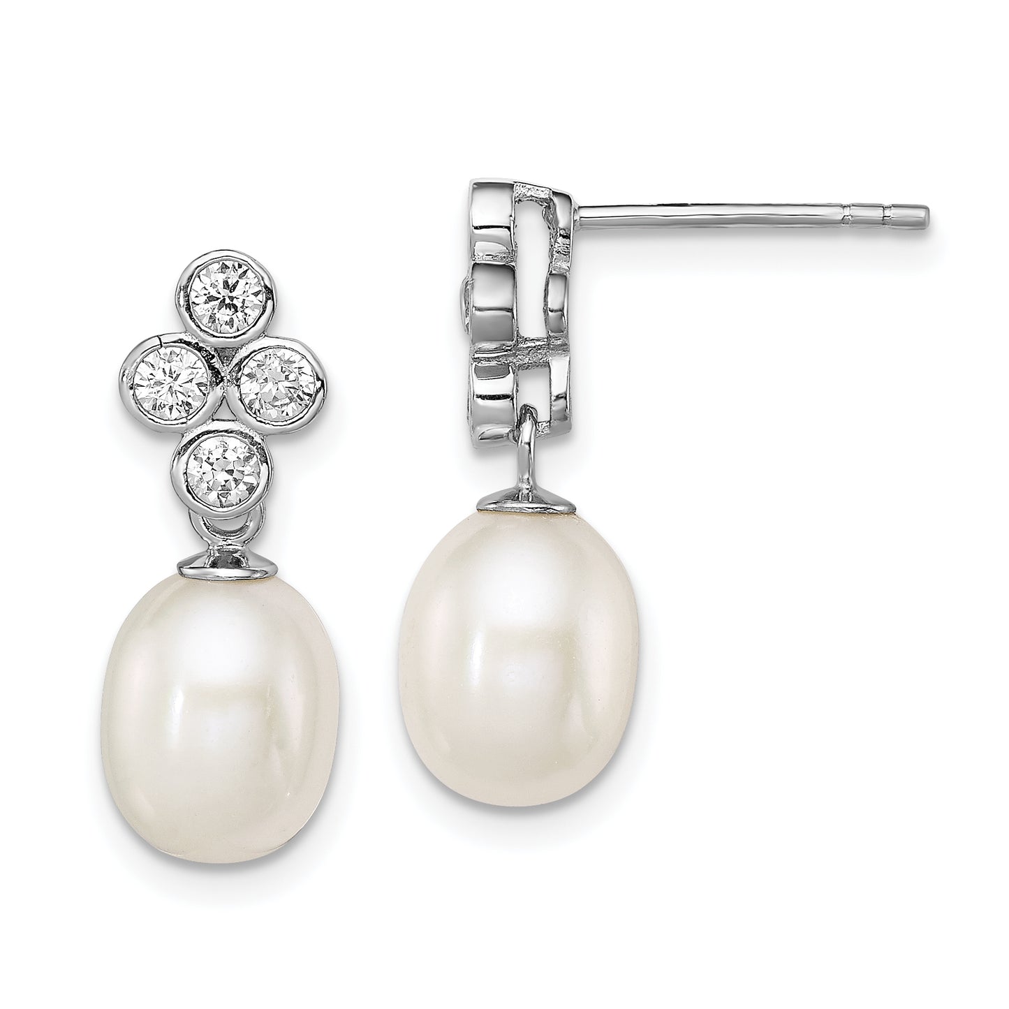 Sterling Silver Rhodium Plate Clear Cz And 7-8mm White Freshwater Cultured Pearl Dangle Post Earrings