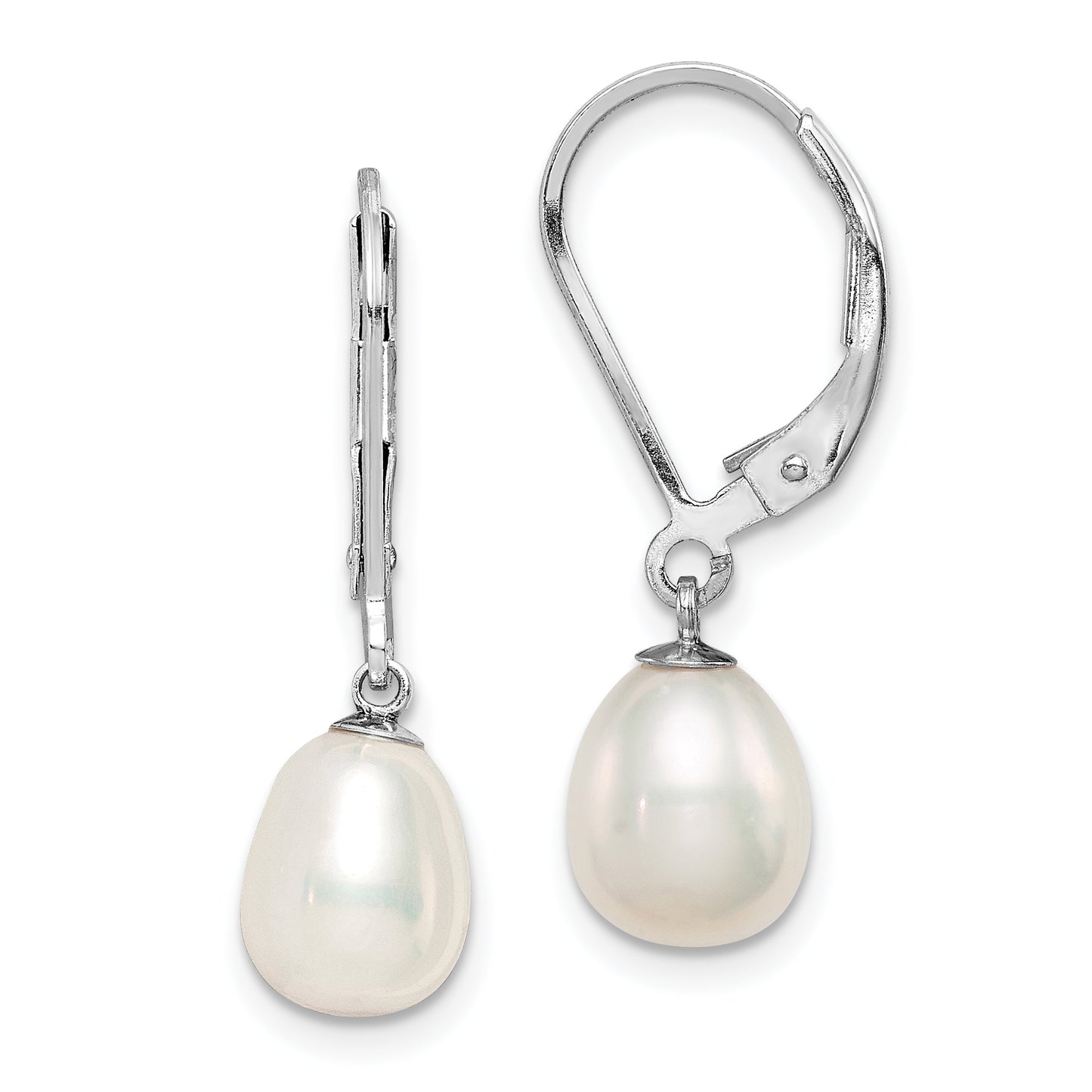 Sterling Silver Rhodium-Plated Polished White 7-8mm Freshwater Cultured Pearl Leverback Dangle Earrings