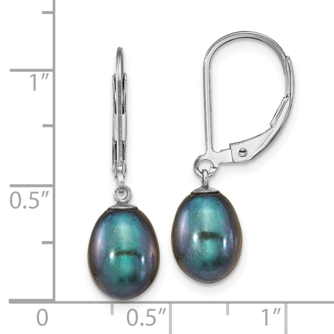 Sterling Silver Rhodium-Plated Polished 7-8mm Black Freshwater Cultured Pearl Leverback Dangle Earrings