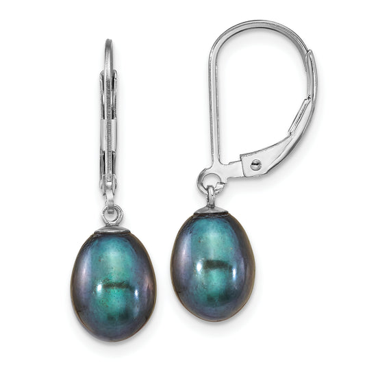 Sterling Silver Rhodium-Plated Polished 7-8mm Black Freshwater Cultured Pearl Leverback Dangle Earrings