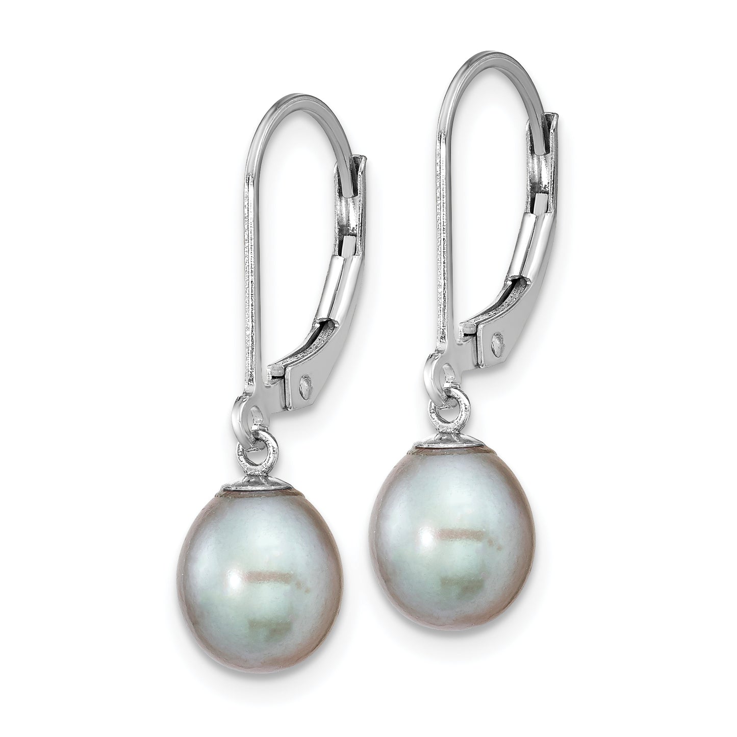 Sterling Silver Rhodium-Plated Polished 7-8mm Grey Freshwater Cultured Pearl Leverback Dangle Earrings