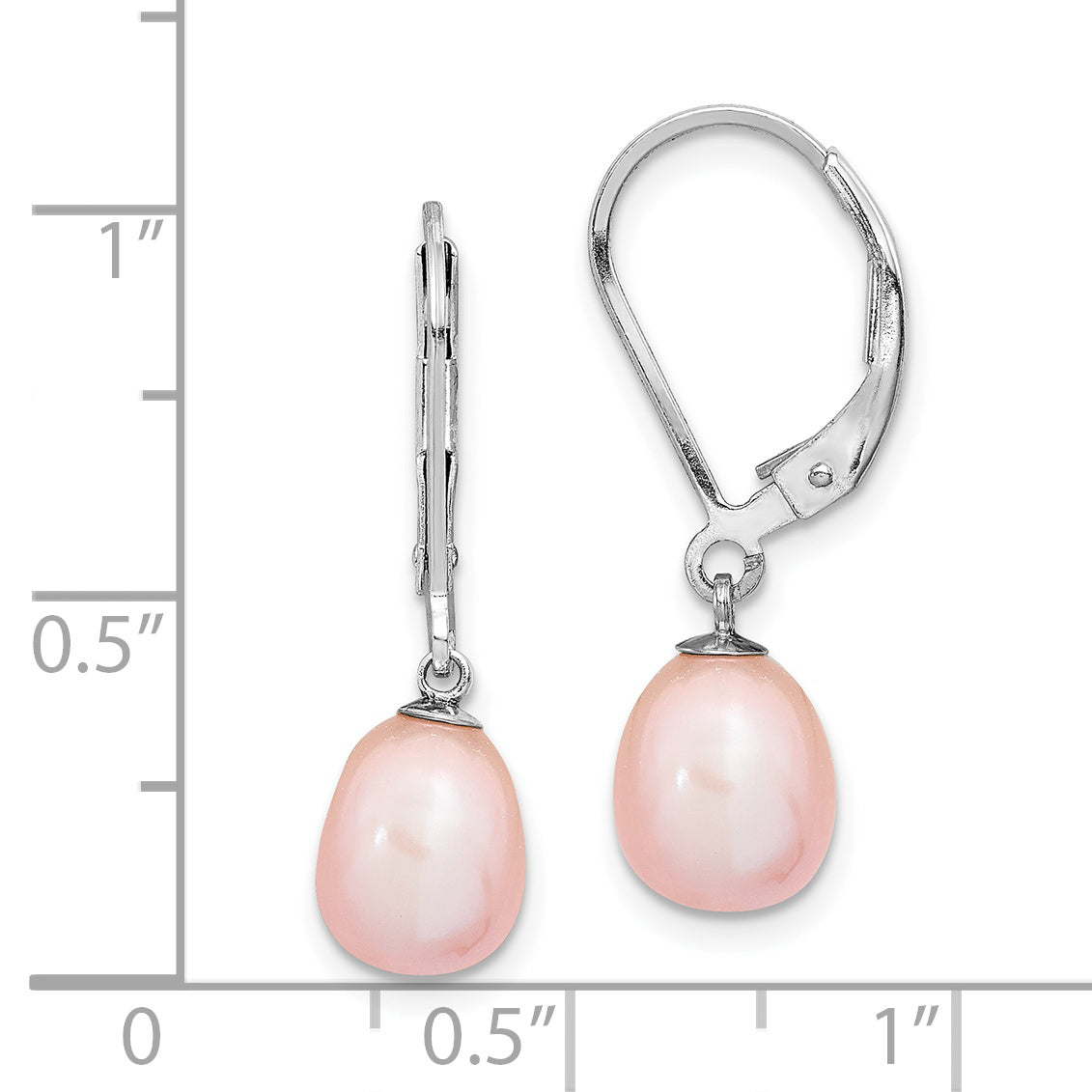 Sterling Silver Rhodium-Plated Polished Pink 7-8mm Freshwater Cultured Pearl Leverback Dangle Earrings