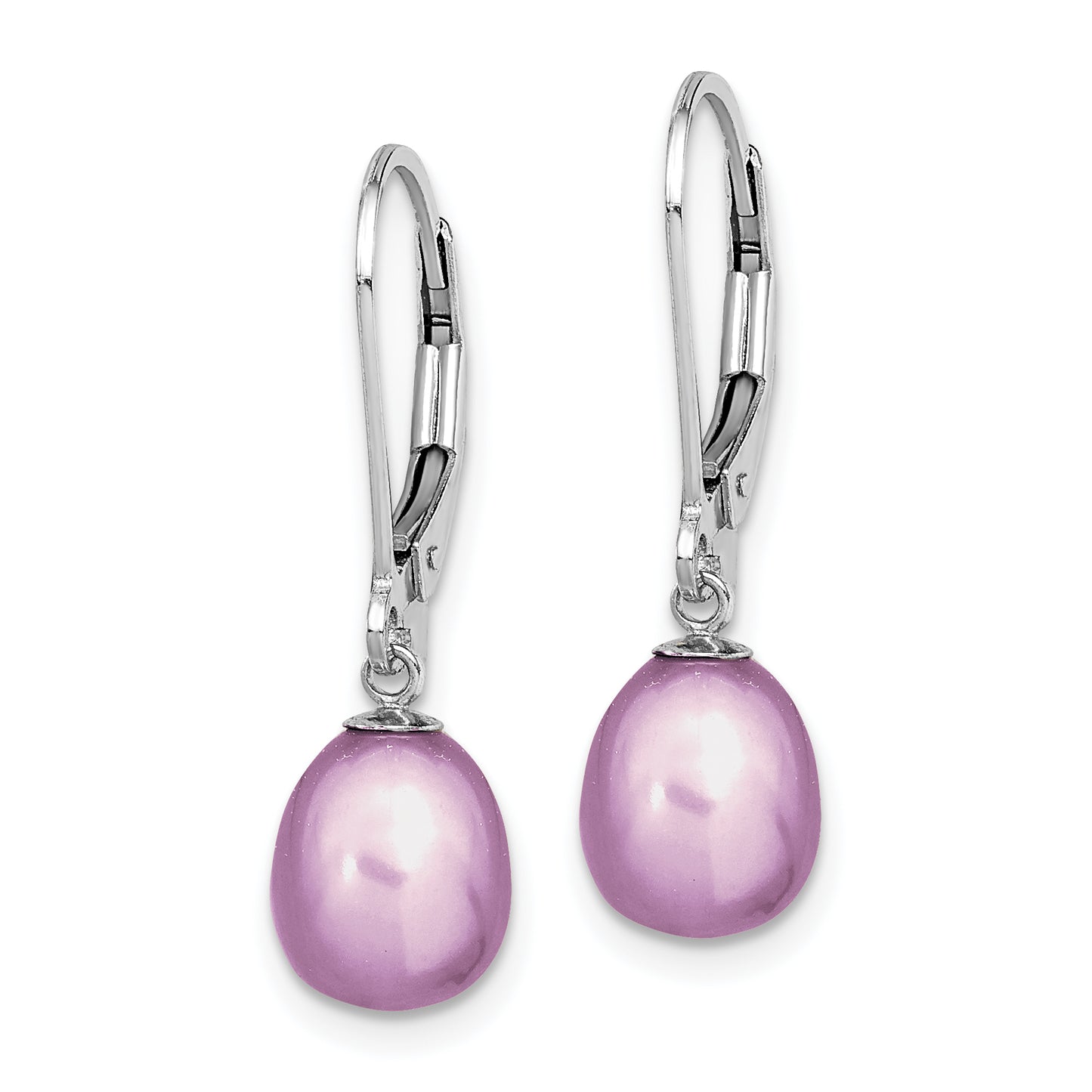 Sterling Silver Rhodium-Plated Polished Purple 7-8mm Freshwater Cultured Pearl Leverback Dangle Earrings