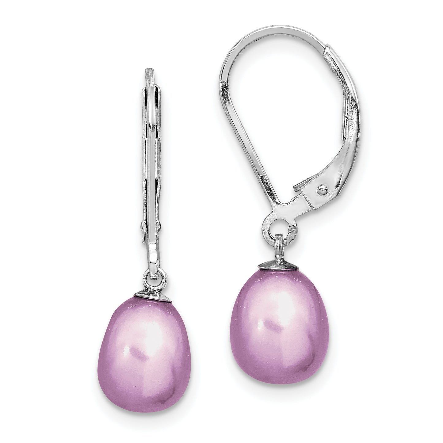 Sterling Silver Rhodium-Plated Polished Purple 7-8mm Freshwater Cultured Pearl Leverback Dangle Earrings