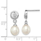 Sterling Silver Rhodium Plated Clear Cz And 7-8mm White Freshwater Cultured Pearl Dangle Post Earrings