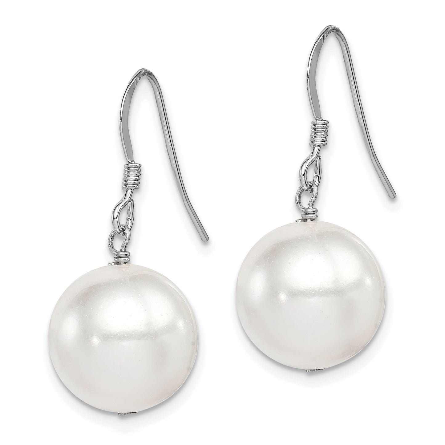 Sterling Silver Rhodium-Plated Polished White 12-13mm Round Shell Pearl Dangle Earrings