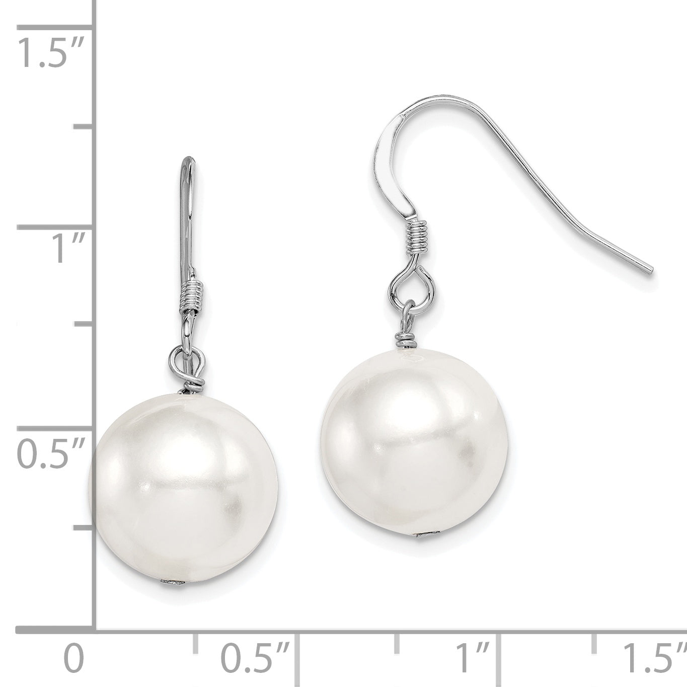 Sterling Silver Rhodium-Plated Polished White 12-13mm Round Shell Pearl Dangle Earrings