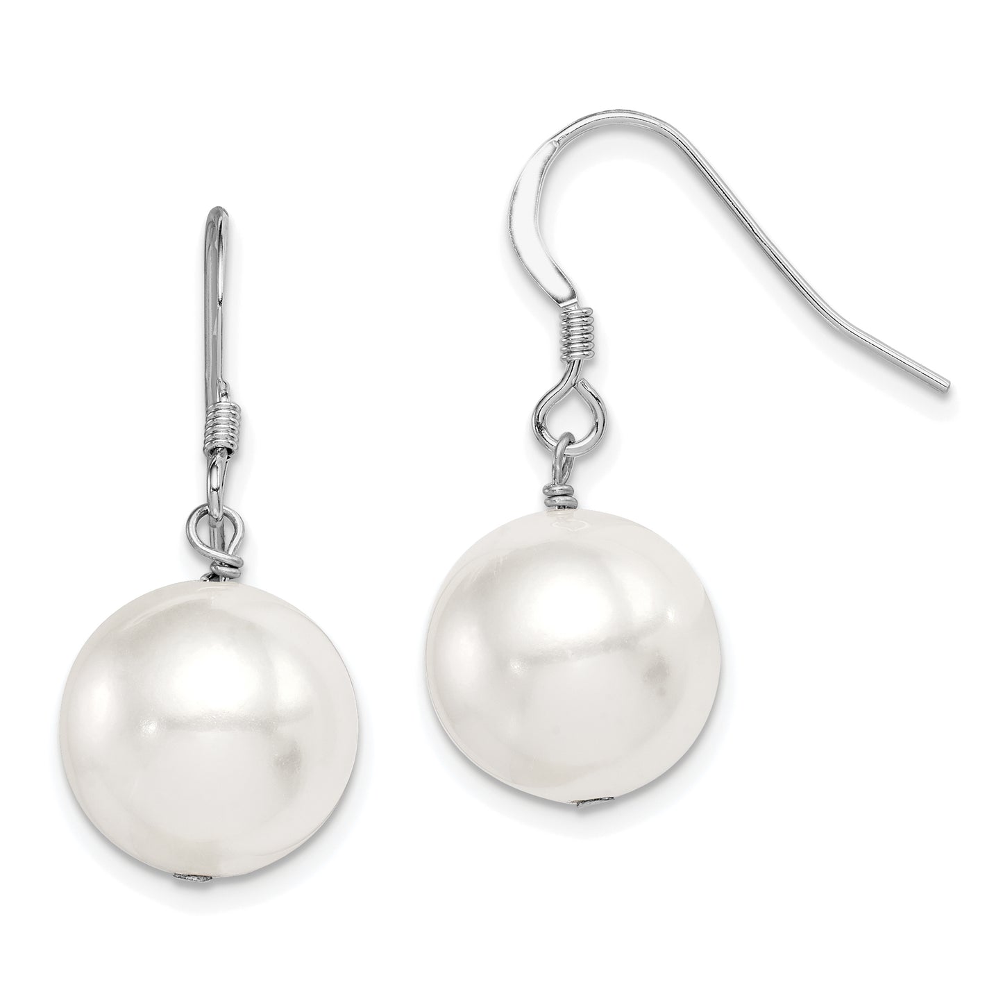 Sterling Silver Rhodium-Plated Polished White 12-13mm Round Shell Pearl Dangle Earrings