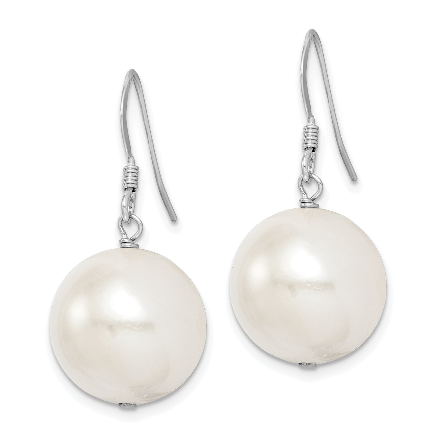 Sterling Silver Rhodium-Plated Polished White 14-15mm Round Shell Pearl Dangle Earrings