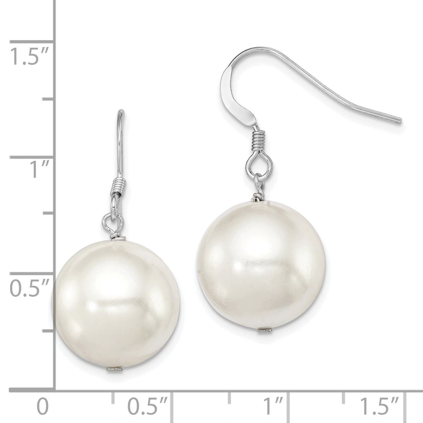 Sterling Silver Rhodium-Plated Polished White 14-15mm Round Shell Pearl Dangle Earrings